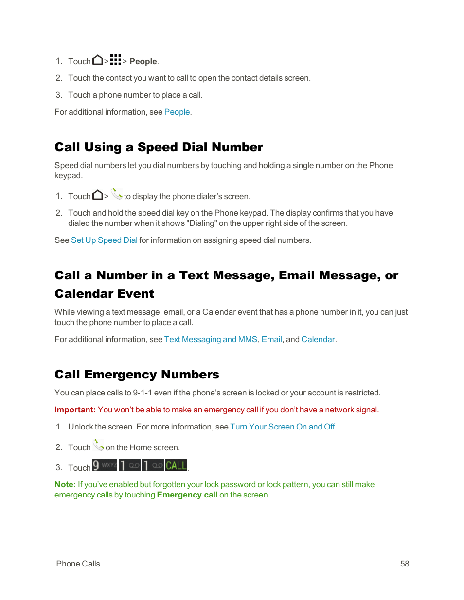 Call using a speed dial number, Call emergency numbers | HTC One E8 User Manual | Page 71 / 262