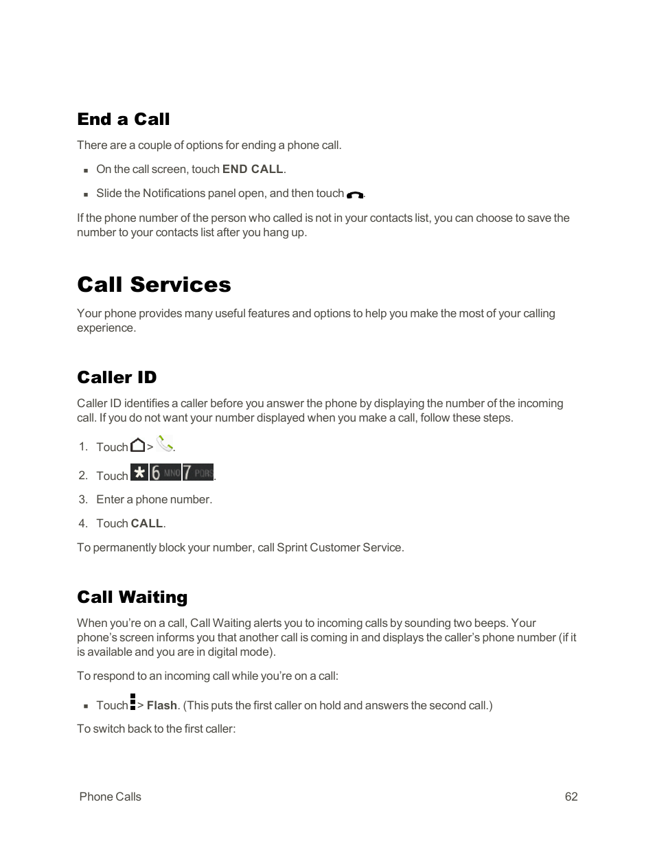 End a call, Call services, Caller id | Call waiting | HTC One E8 User Manual | Page 75 / 262