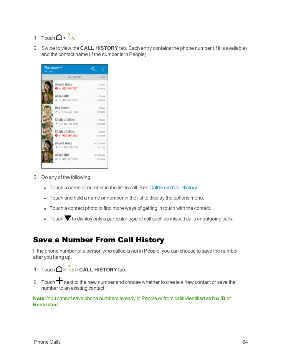 Save a number from call history | HTC One E8 User Manual | Page 77 / 262