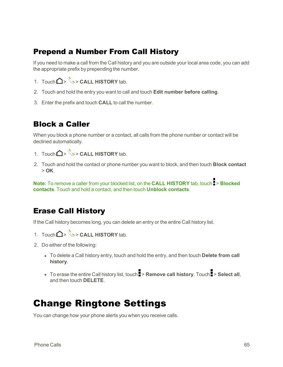 Prepend a number from call history, Block a caller, Erase call history | Change ringtone settings | HTC One E8 User Manual | Page 78 / 262