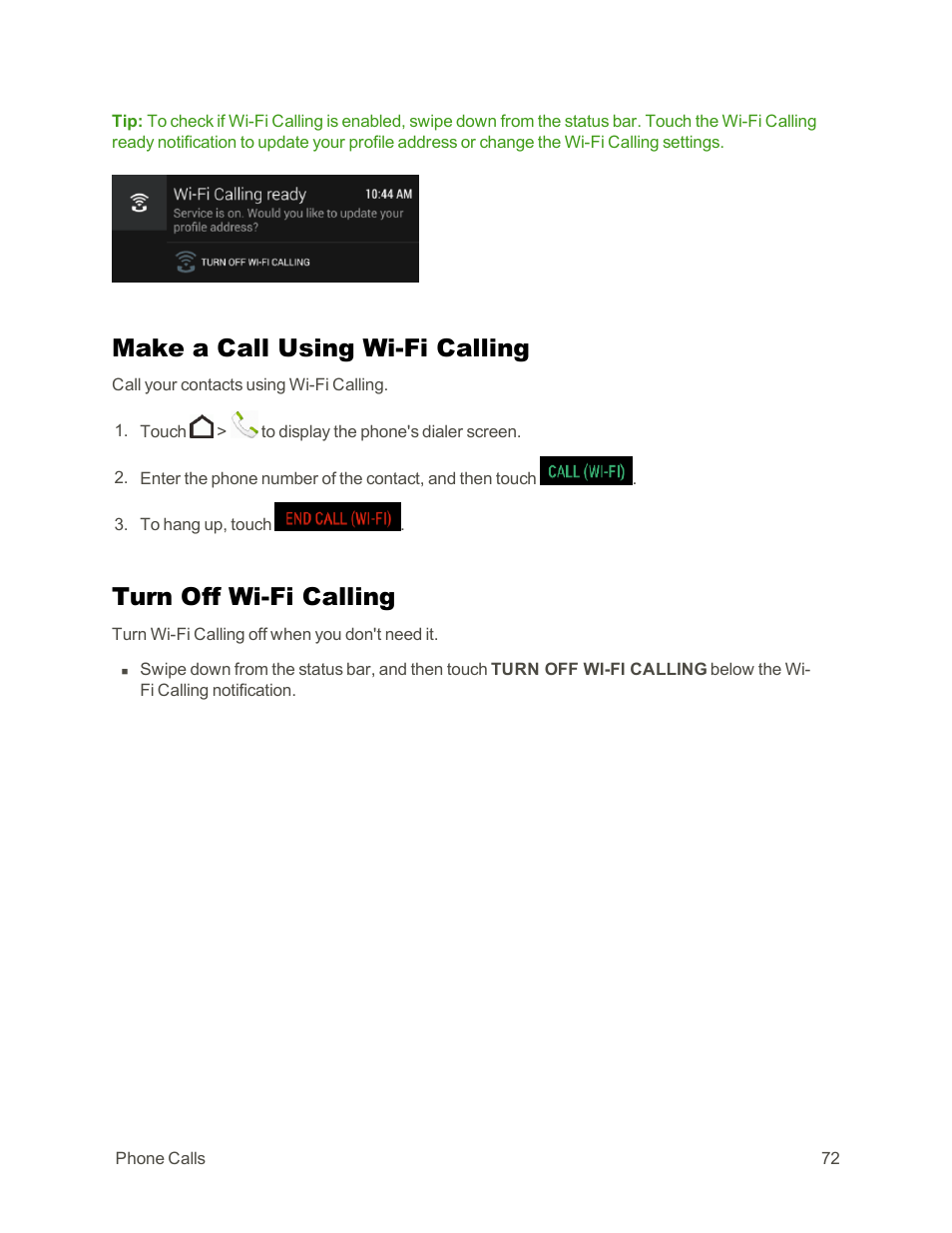 Make a call using wi-fi calling, Turn off wi-fi calling | HTC One E8 User Manual | Page 85 / 262