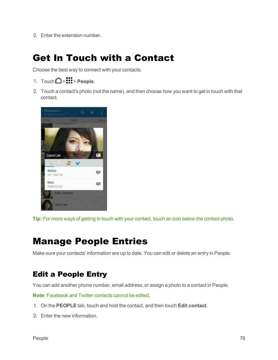 Get in touch with a contact, Manage people entries, Edit a people entry | HTC One E8 User Manual | Page 89 / 262