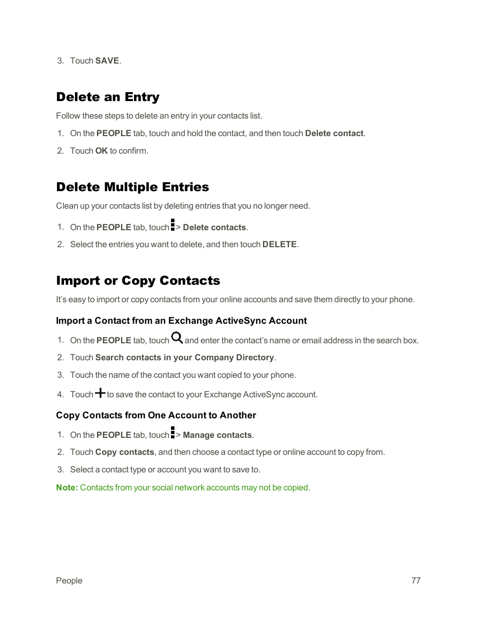 Delete an entry, Delete multiple entries, Import or copy contacts | HTC One E8 User Manual | Page 90 / 262