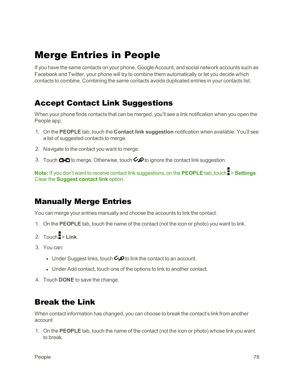 Merge entries in people, Accept contact link suggestions, Manually merge entries | Break the link | HTC One E8 User Manual | Page 91 / 262