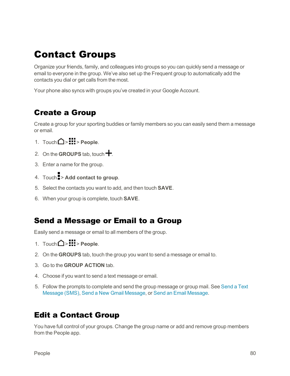 Contact groups, Create a group, Send a message or email to a group | Edit a contact group | HTC One E8 User Manual | Page 93 / 262