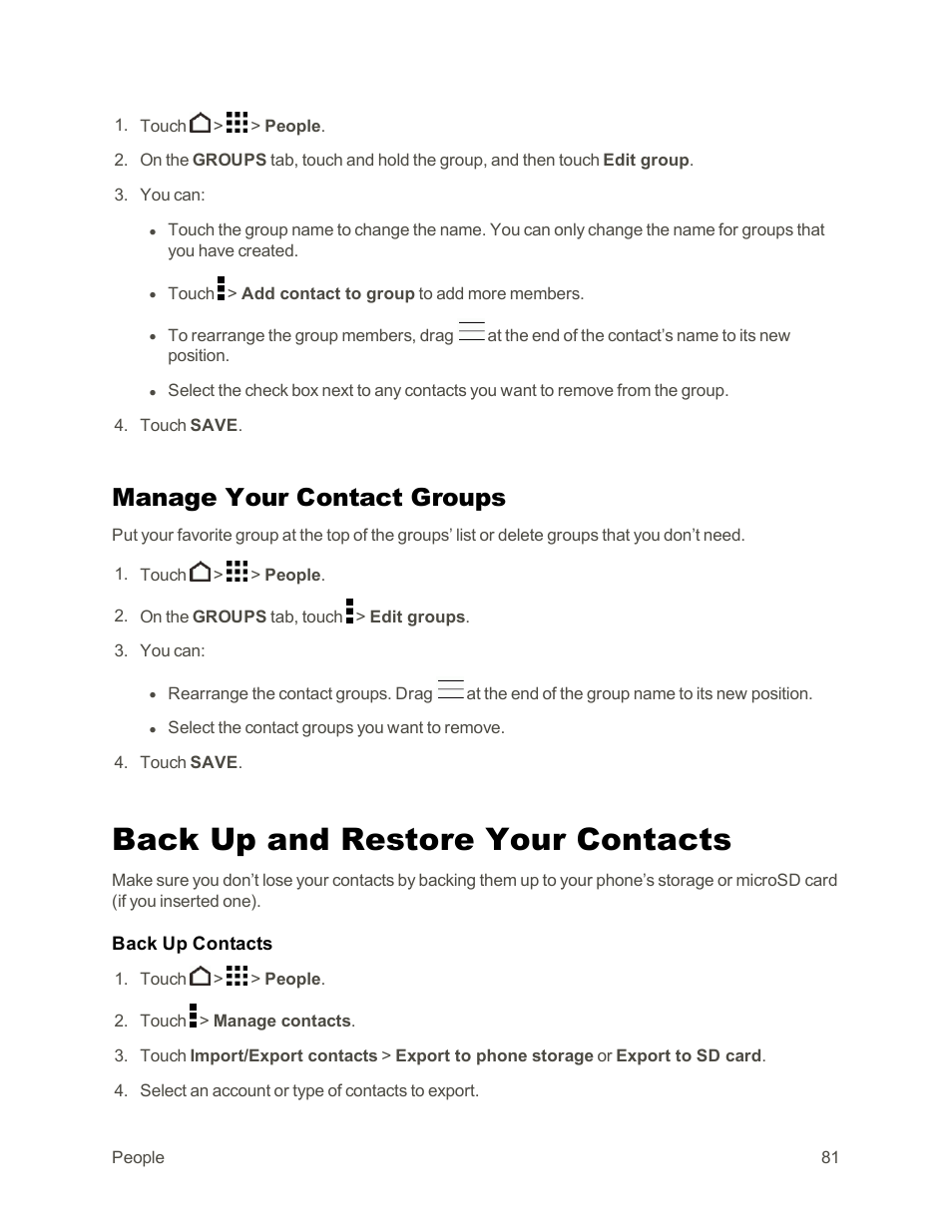 Manage your contact groups, Back up and restore your contacts | HTC One E8 User Manual | Page 94 / 262