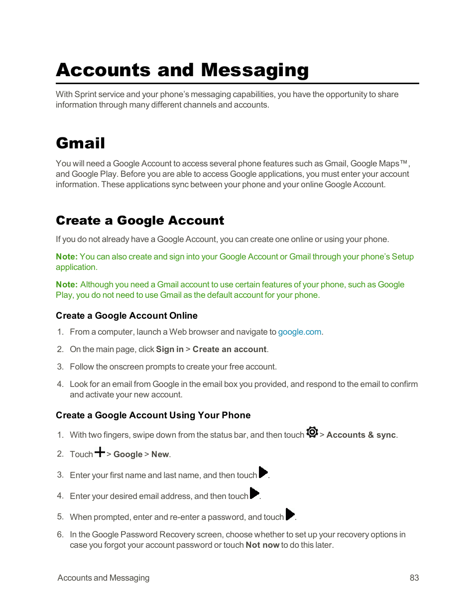 Accounts and messaging, Gmail, Create a google account | HTC One E8 User Manual | Page 96 / 262
