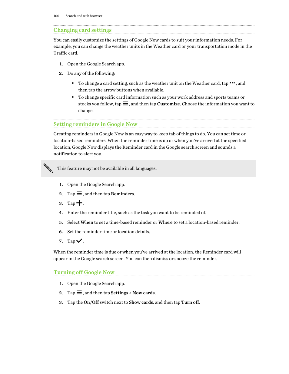 Changing card settings, Setting reminders in google now, Turning off google now | HTC One E8 User Manual | Page 100 / 188