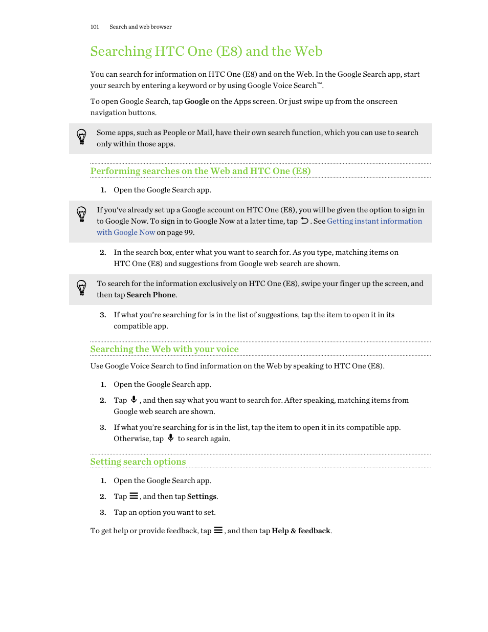 Searching htc one (e8) and the web, Performing searches on the web and htc one (e8), Searching the web with your voice | Setting search options | HTC One E8 User Manual | Page 101 / 188