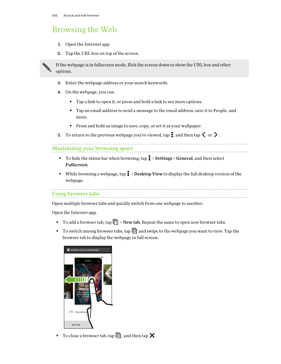 Browsing the web, Maximizing your browsing space, Using browser tabs | HTC One E8 User Manual | Page 102 / 188