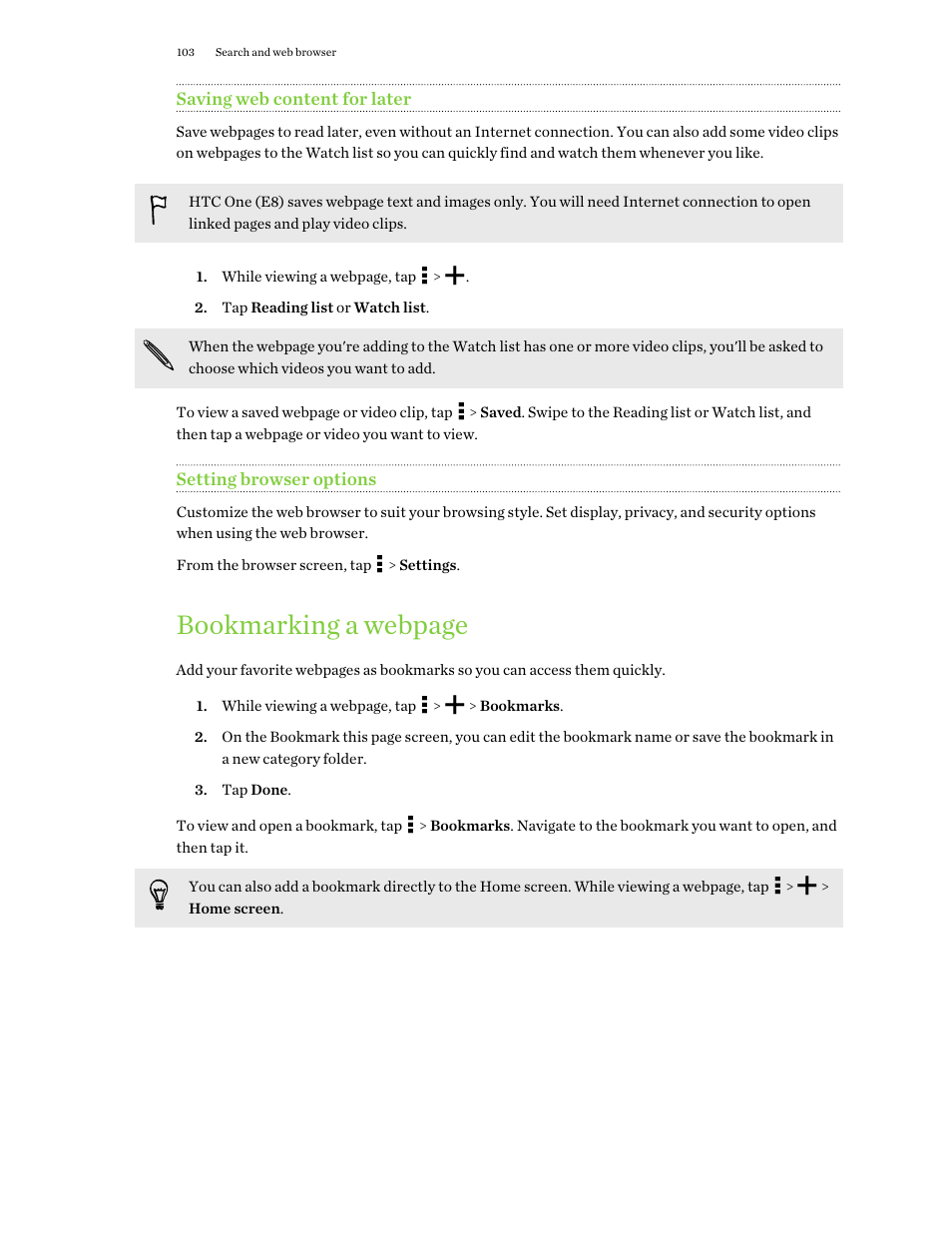 Saving web content for later, Setting browser options, Bookmarking a webpage | HTC One E8 User Manual | Page 103 / 188
