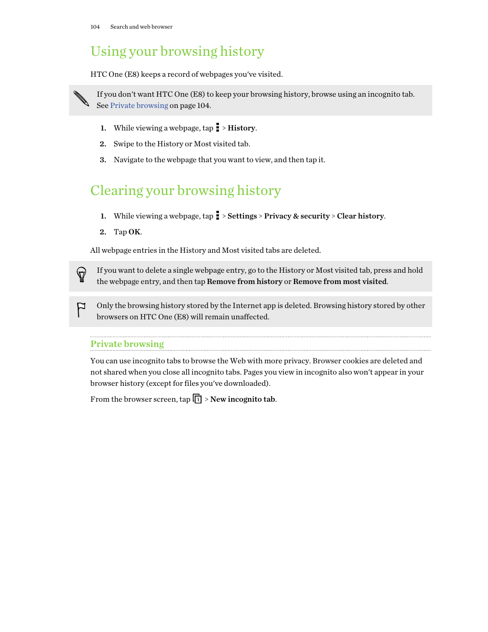 Using your browsing history, Clearing your browsing history, Private browsing | HTC One E8 User Manual | Page 104 / 188