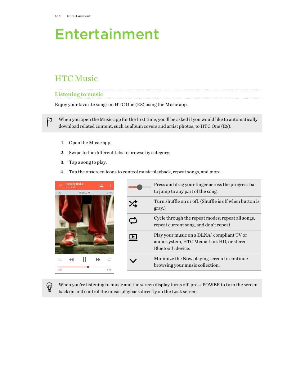 Entertainment, Htc music, Listening to music | HTC One E8 User Manual | Page 105 / 188