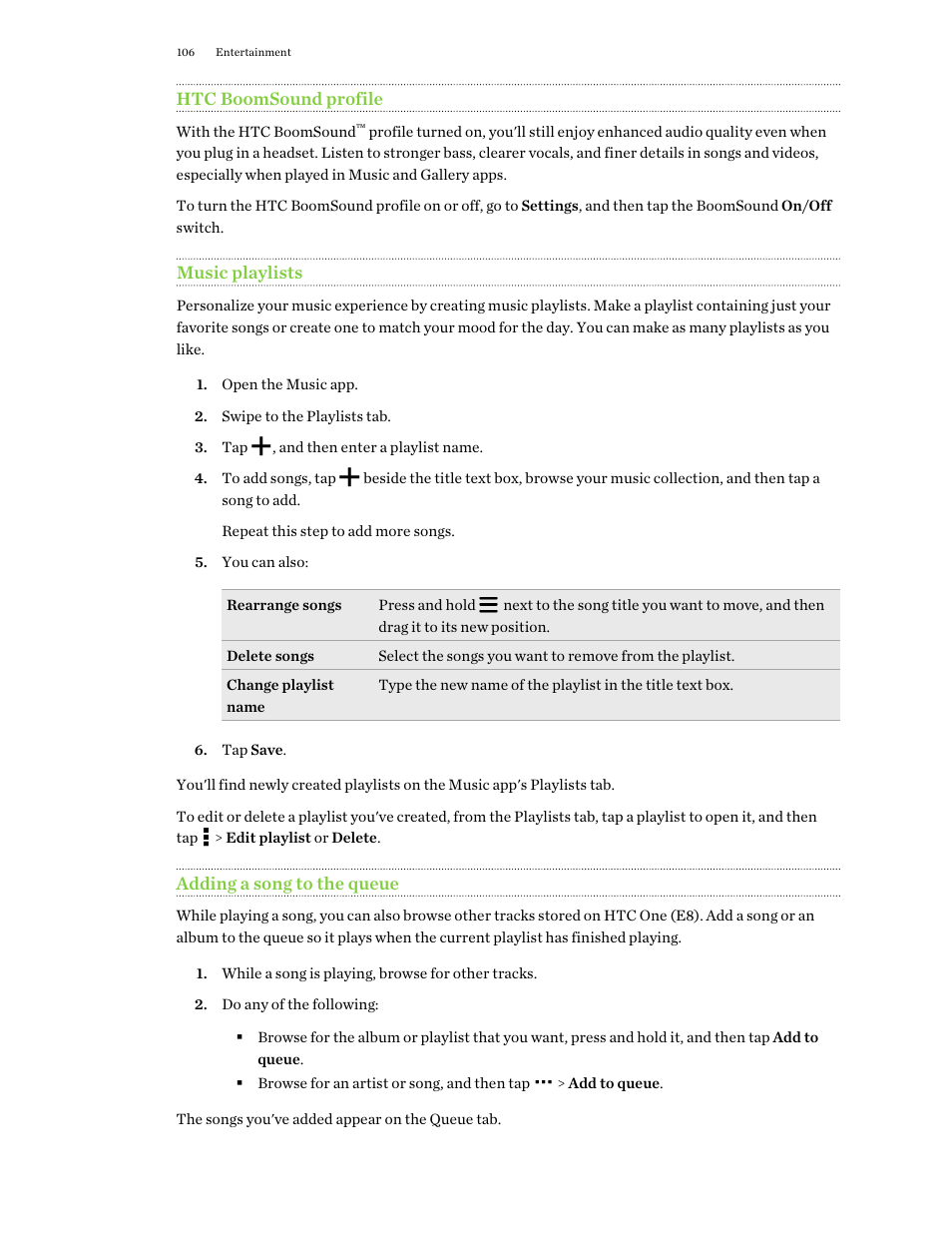 Htc boomsound profile, Music playlists, Adding a song to the queue | HTC One E8 User Manual | Page 106 / 188