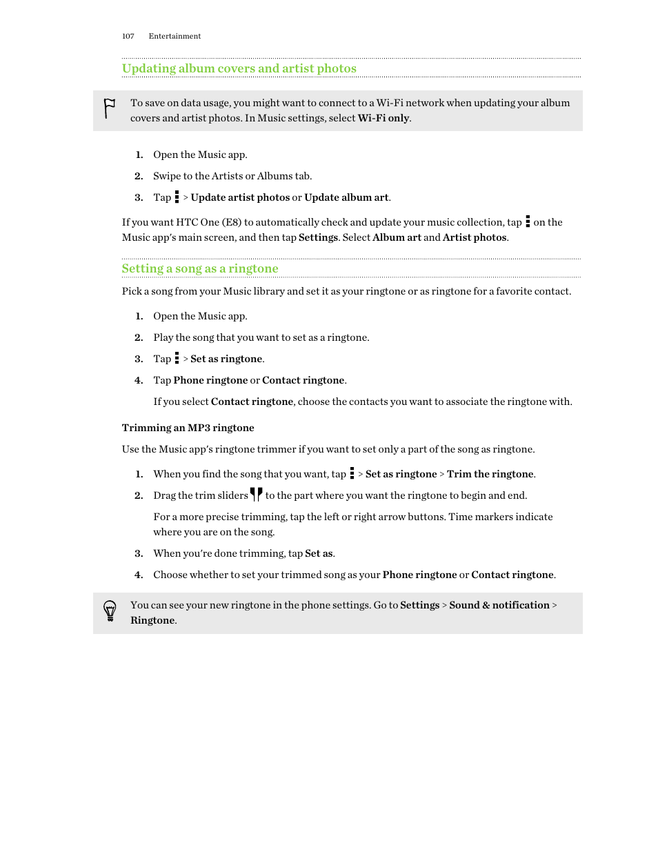 Updating album covers and artist photos, Setting a song as a ringtone, Trimming an mp3 ringtone | HTC One E8 User Manual | Page 107 / 188
