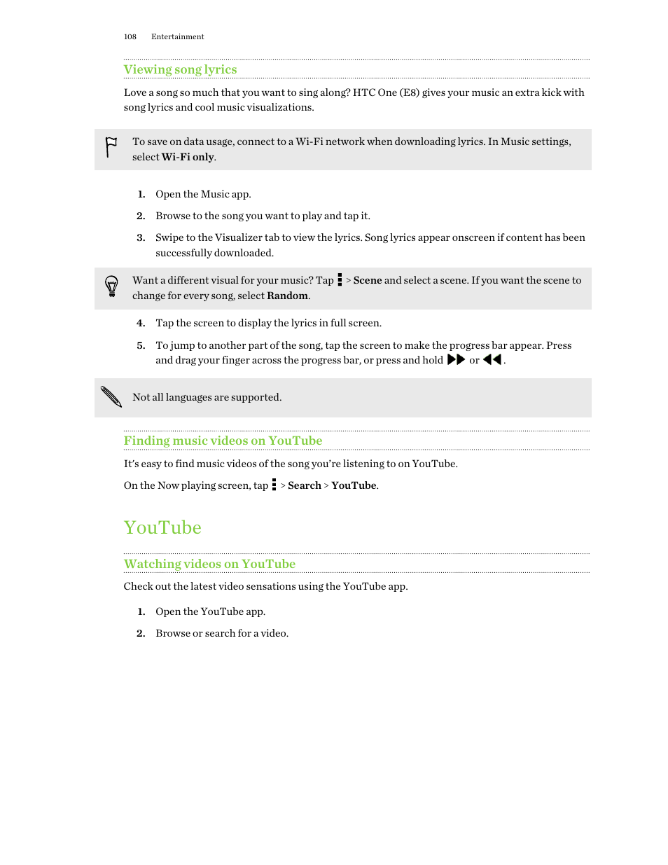 Viewing song lyrics, Finding music videos on youtube, Youtube | Watching videos on youtube | HTC One E8 User Manual | Page 108 / 188