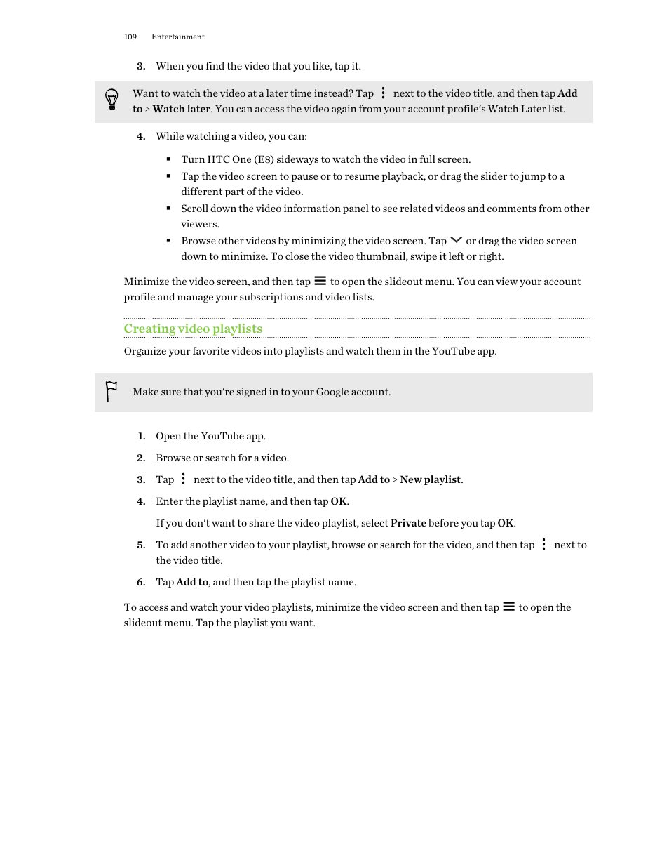 Creating video playlists | HTC One E8 User Manual | Page 109 / 188