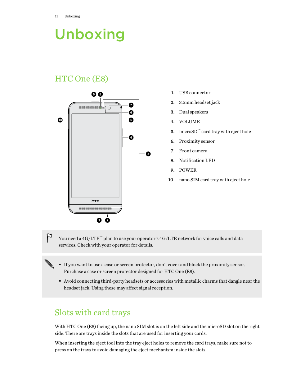 Unboxing, Htc one (e8), Slots with card trays | HTC One E8 User Manual | Page 11 / 188