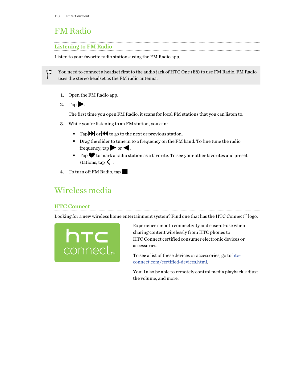 Fm radio, Listening to fm radio, Wireless media | Htc connect | HTC One E8 User Manual | Page 110 / 188