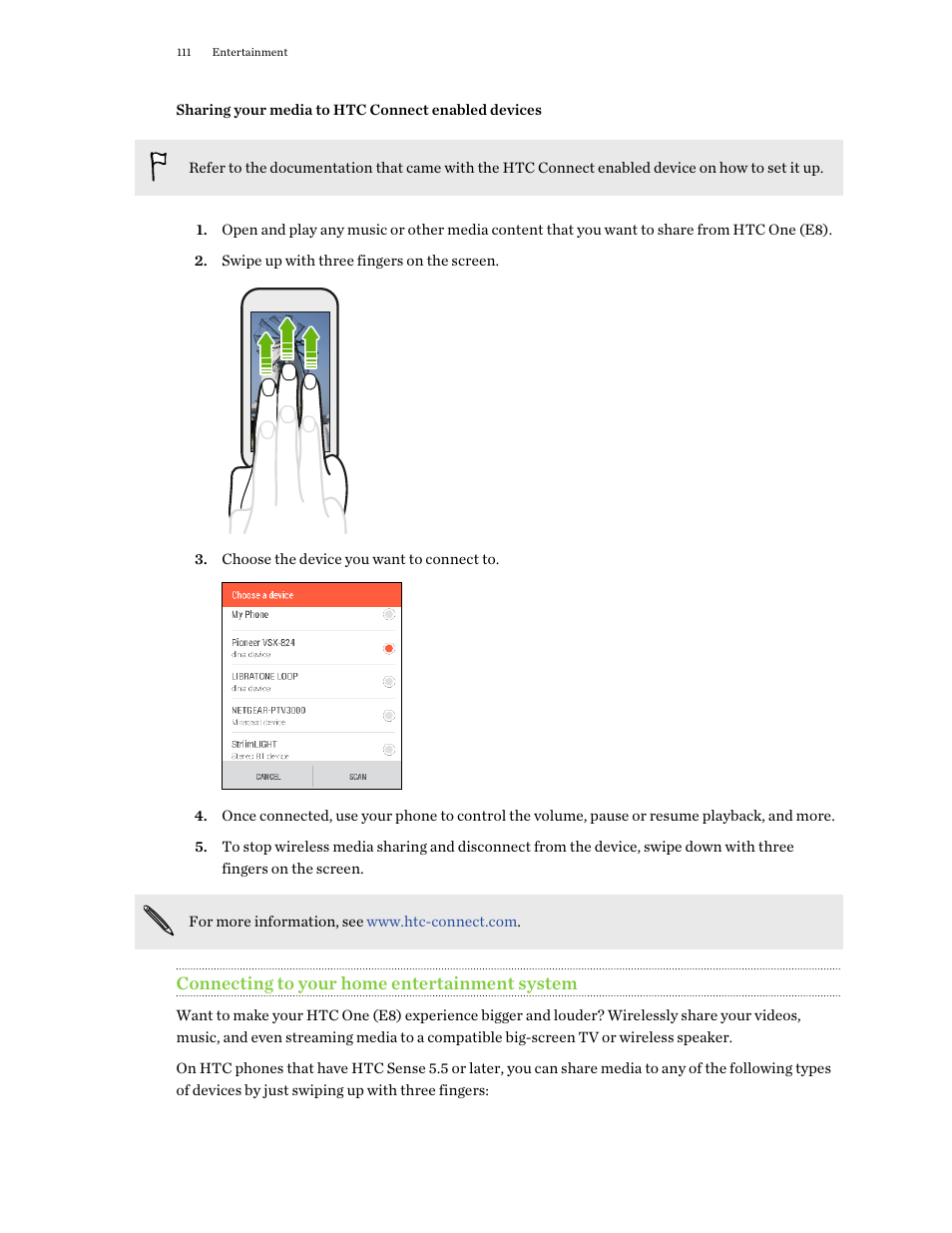 Sharing your media to htc connect enabled devices, Connecting to your home entertainment system | HTC One E8 User Manual | Page 111 / 188