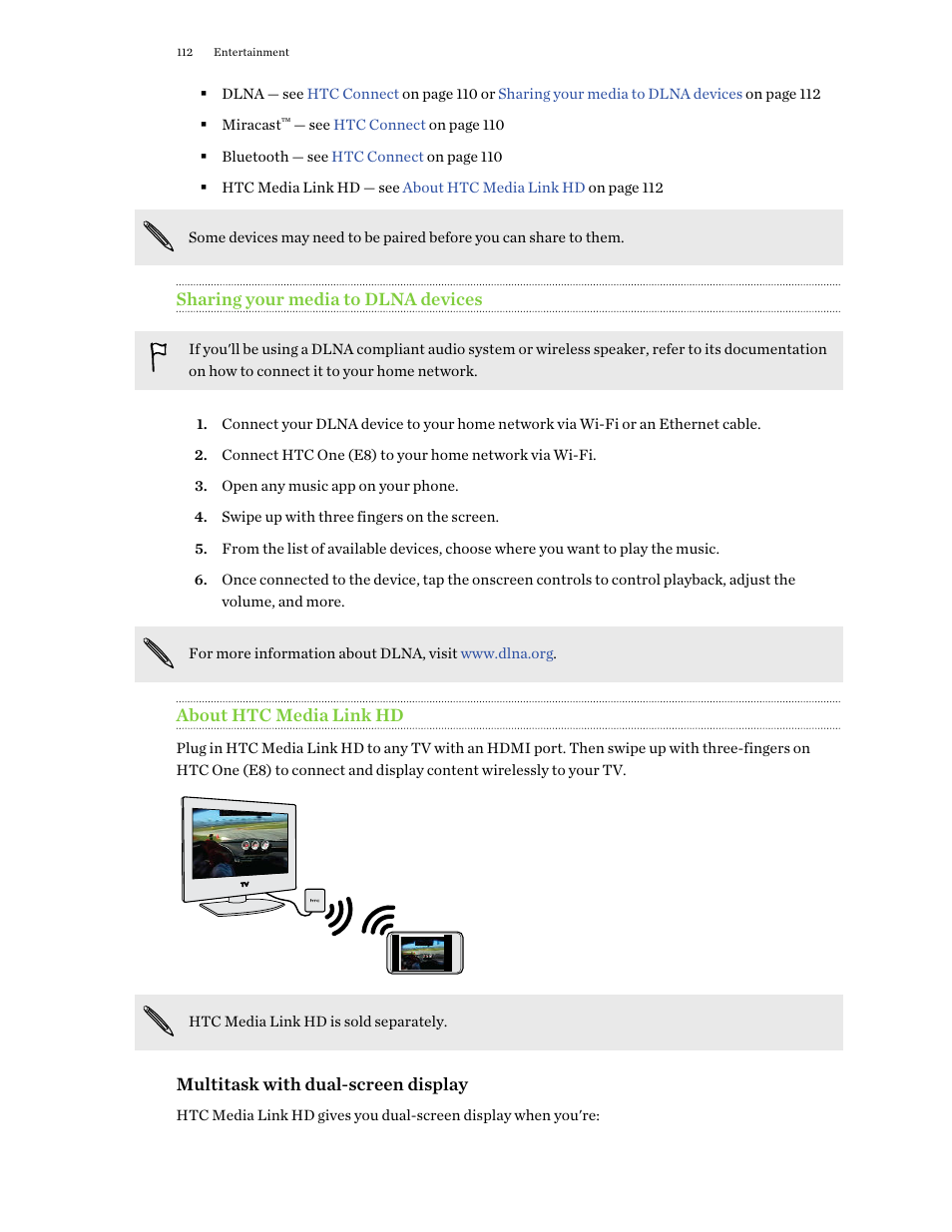 Sharing your media to dlna devices, About htc media link hd | HTC One E8 User Manual | Page 112 / 188