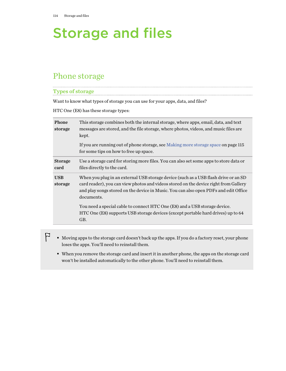 Storage and files, Phone storage, Types of storage | HTC One E8 User Manual | Page 114 / 188