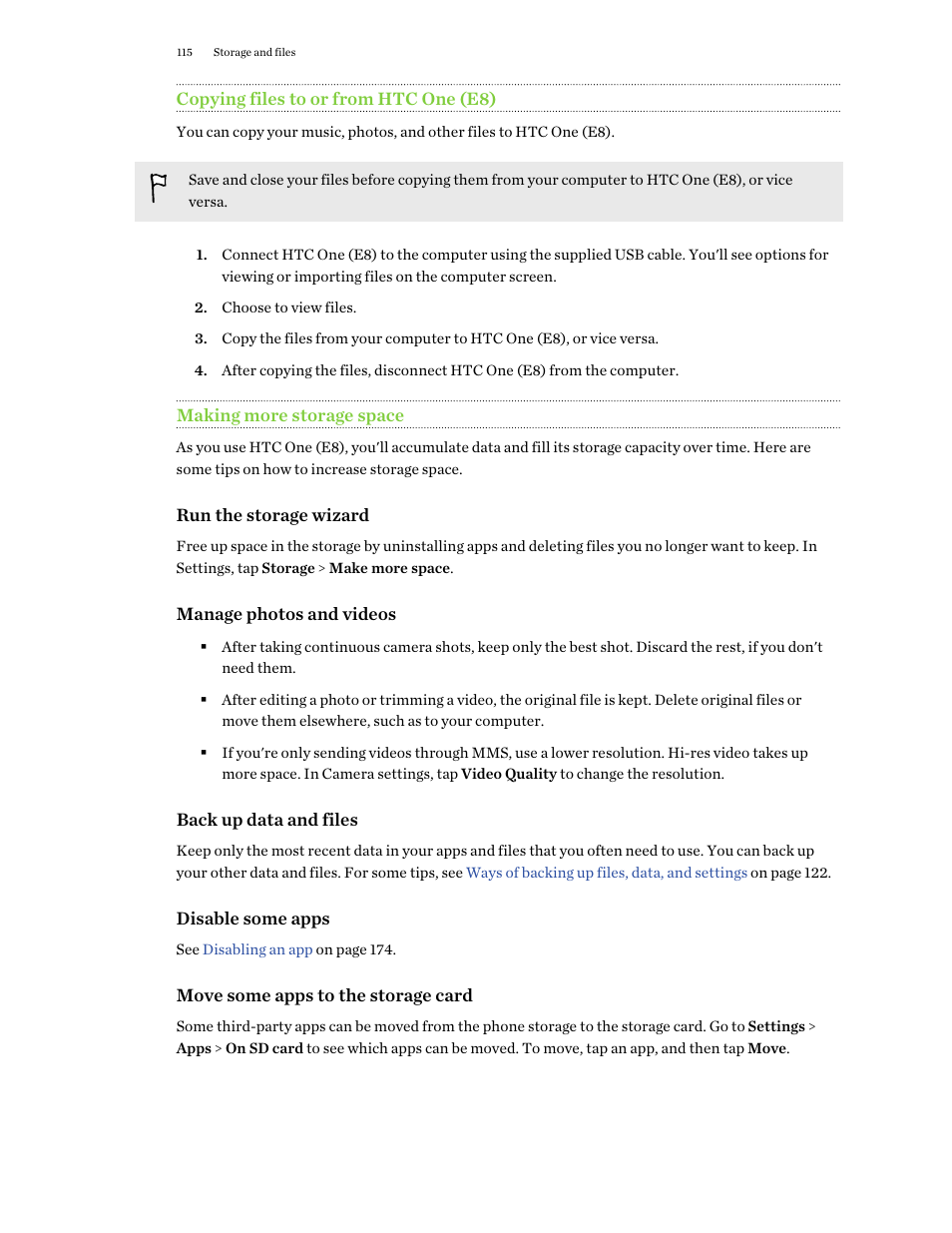 Copying files to or from htc one (e8), Making more storage space | HTC One E8 User Manual | Page 115 / 188