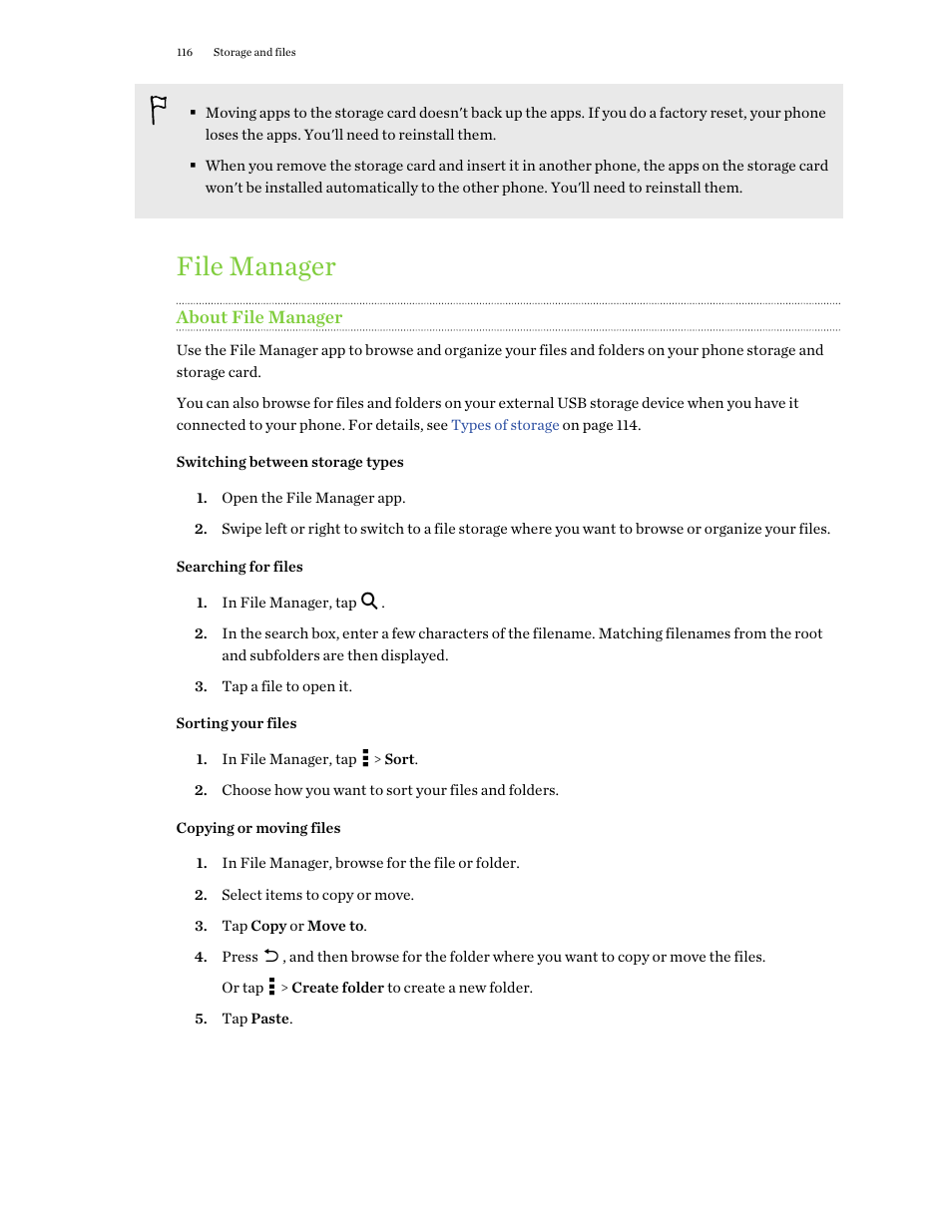 File manager, About file manager, Switching between storage types | Searching for files, Sorting your files, Copying or moving files | HTC One E8 User Manual | Page 116 / 188