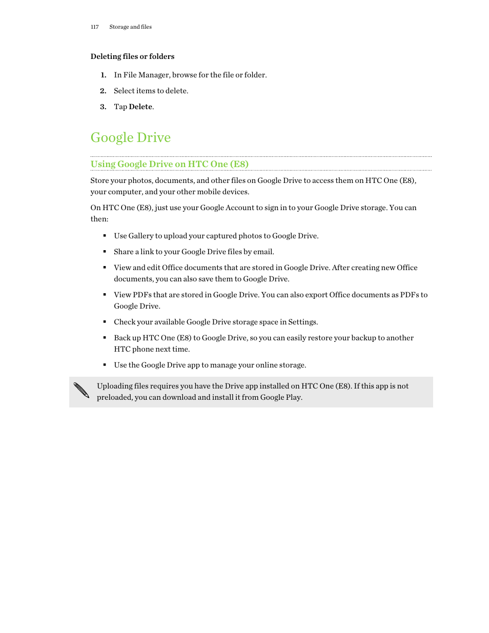 Deleting files or folders, Google drive, Using google drive on htc one (e8) | HTC One E8 User Manual | Page 117 / 188