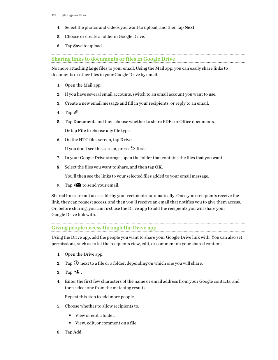 Giving people access through the drive app | HTC One E8 User Manual | Page 119 / 188