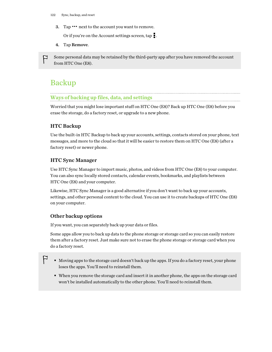 Backup, Ways of backing up files, data, and settings, Your other data and files. for some tips, see | HTC One E8 User Manual | Page 122 / 188