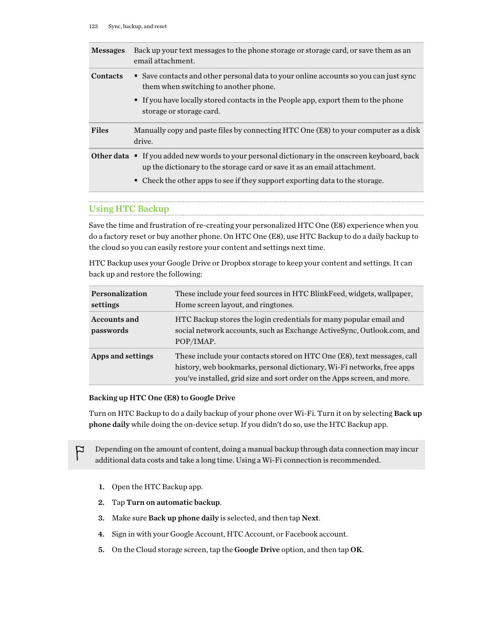 Using htc backup, Backing up htc one (e8) to google drive | HTC One E8 User Manual | Page 123 / 188