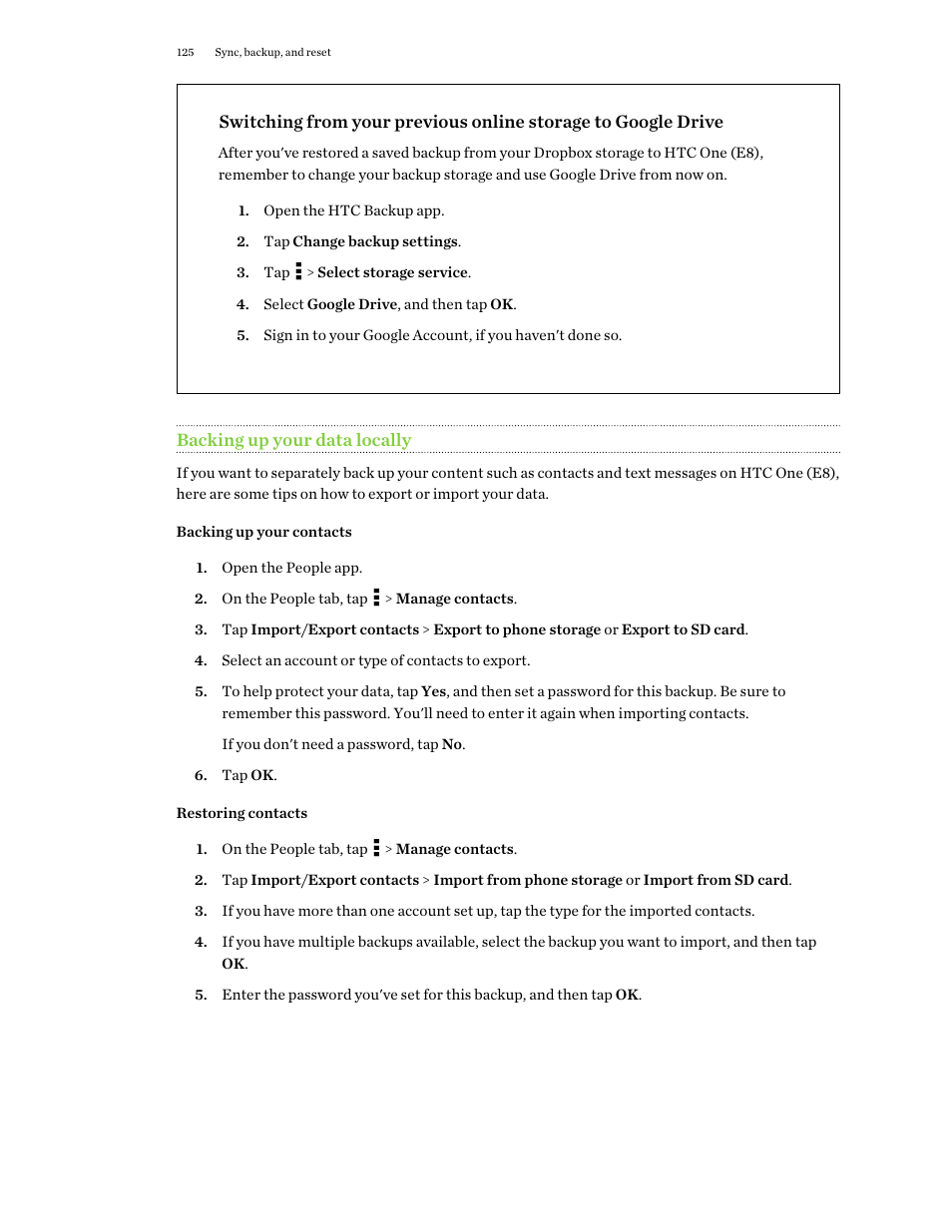 Backing up your data locally, Backing up your contacts, Restoring contacts | HTC One E8 User Manual | Page 125 / 188