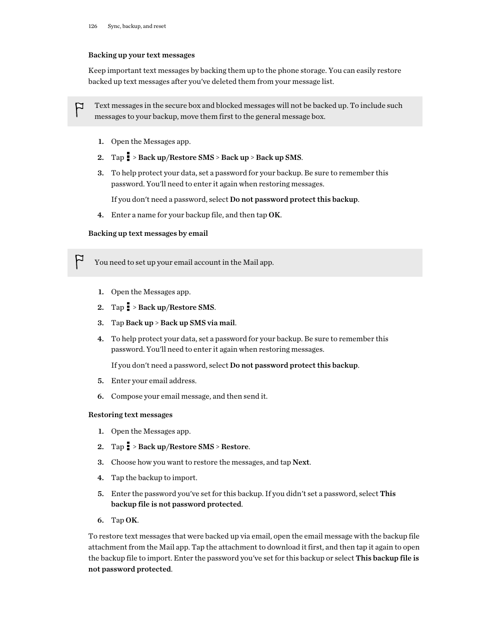 Backing up your text messages, Backing up text messages by email, Restoring text messages | HTC One E8 User Manual | Page 126 / 188