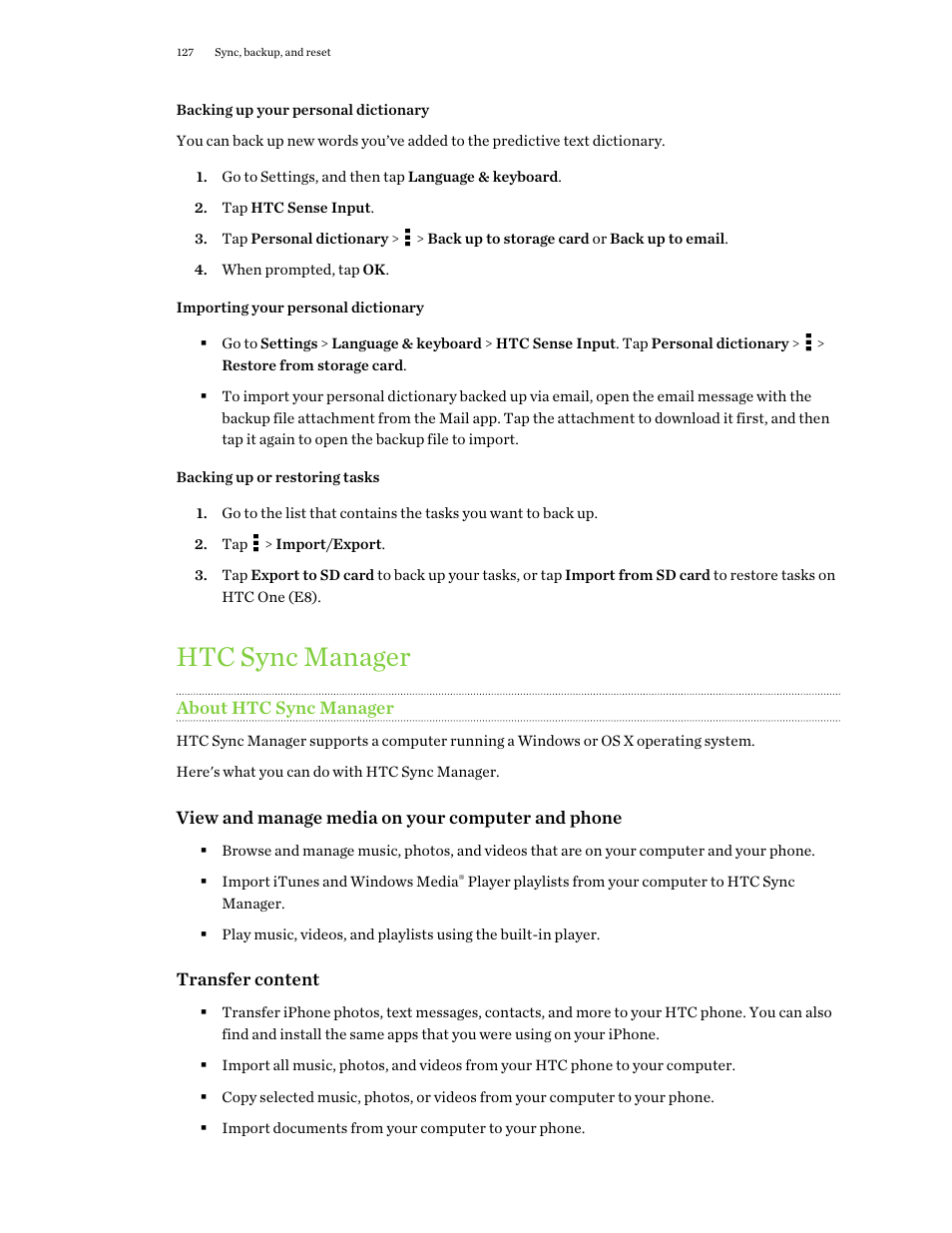 Backing up your personal dictionary, Importing your personal dictionary, Backing up or restoring tasks | Htc sync manager, About htc sync manager | HTC One E8 User Manual | Page 127 / 188