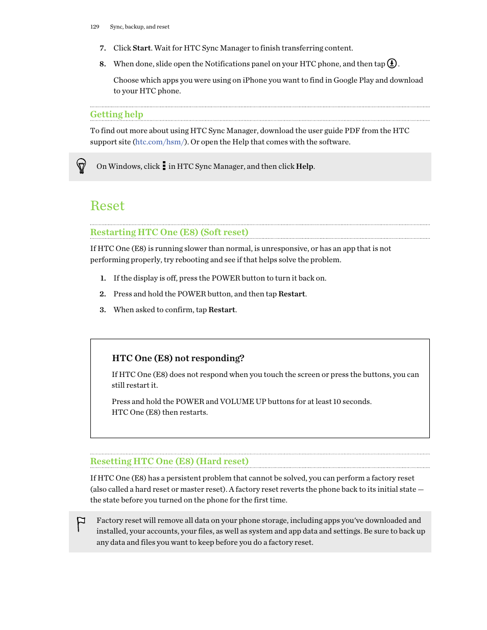 Getting help, Reset, Restarting htc one (e8) (soft reset) | Htc one (e8) not responding, Resetting htc one (e8) (hard reset) | HTC One E8 User Manual | Page 129 / 188
