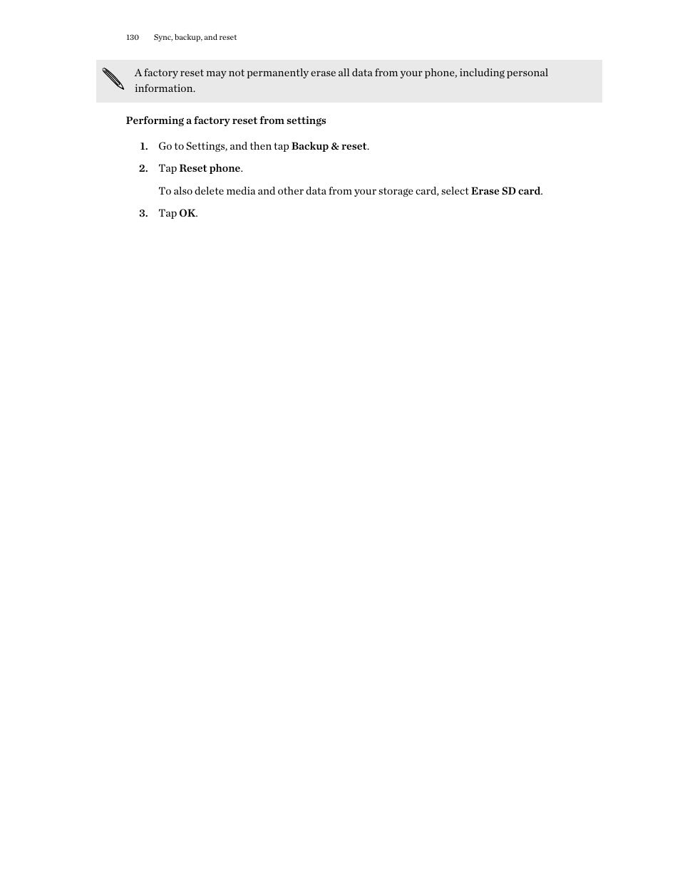 Performing a factory reset from settings | HTC One E8 User Manual | Page 130 / 188