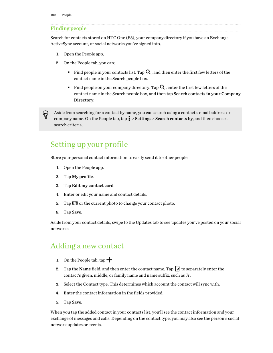 Finding people, Setting up your profile, Adding a new contact | HTC One E8 User Manual | Page 132 / 188