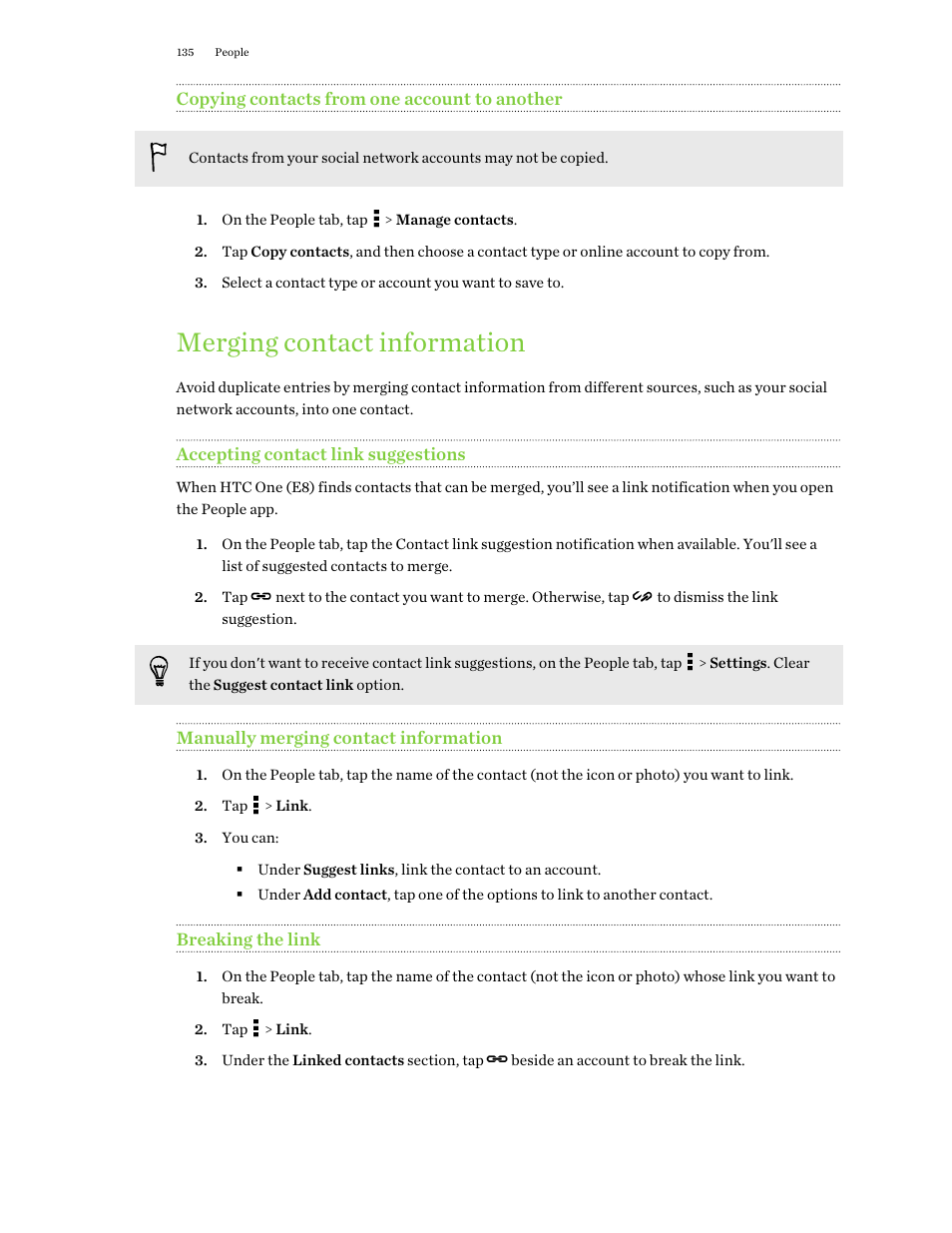 Copying contacts from one account to another, Merging contact information, Accepting contact link suggestions | Manually merging contact information, Breaking the link | HTC One E8 User Manual | Page 135 / 188
