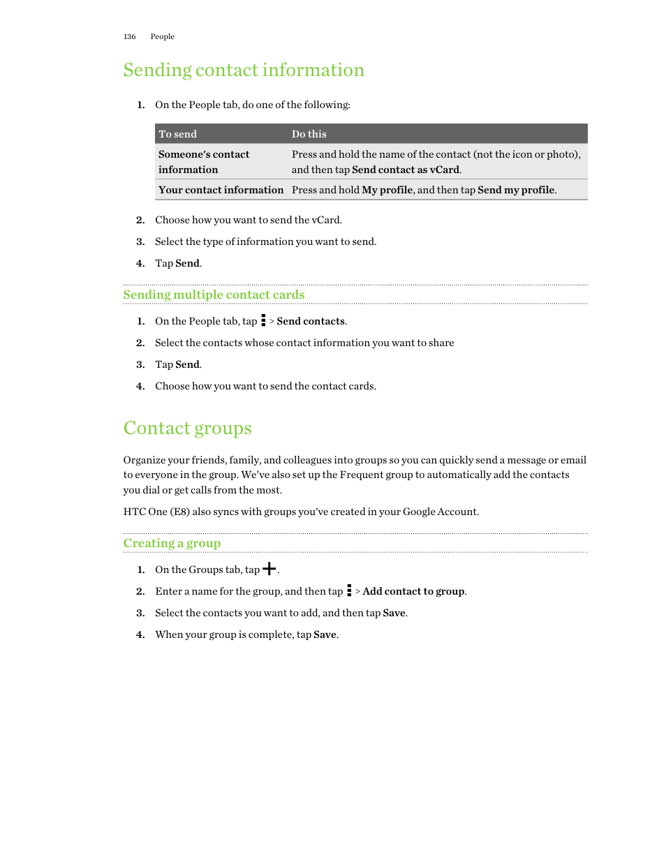 Sending contact information, Sending multiple contact cards, Contact groups | Creating a group | HTC One E8 User Manual | Page 136 / 188
