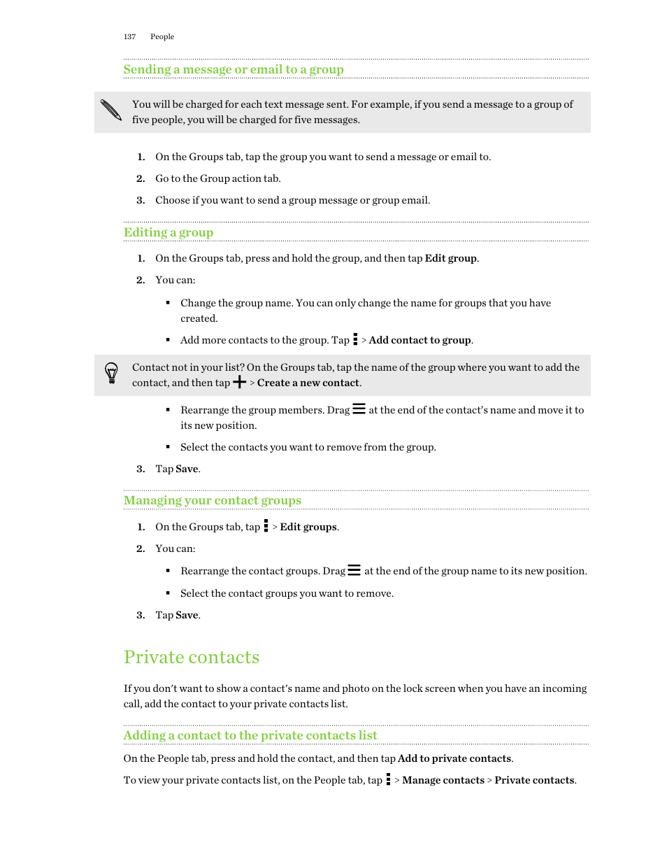 Sending a message or email to a group, Editing a group, Managing your contact groups | Private contacts, Adding a contact to the private contacts list | HTC One E8 User Manual | Page 137 / 188