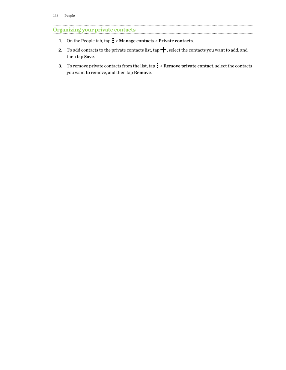 Organizing your private contacts | HTC One E8 User Manual | Page 138 / 188