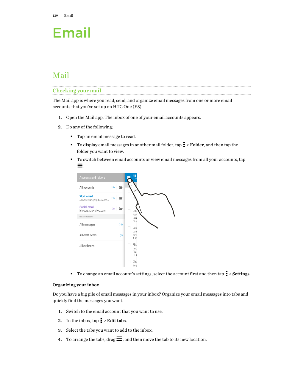 Email, Mail, Checking your mail | Organizing your inbox | HTC One E8 User Manual | Page 139 / 188