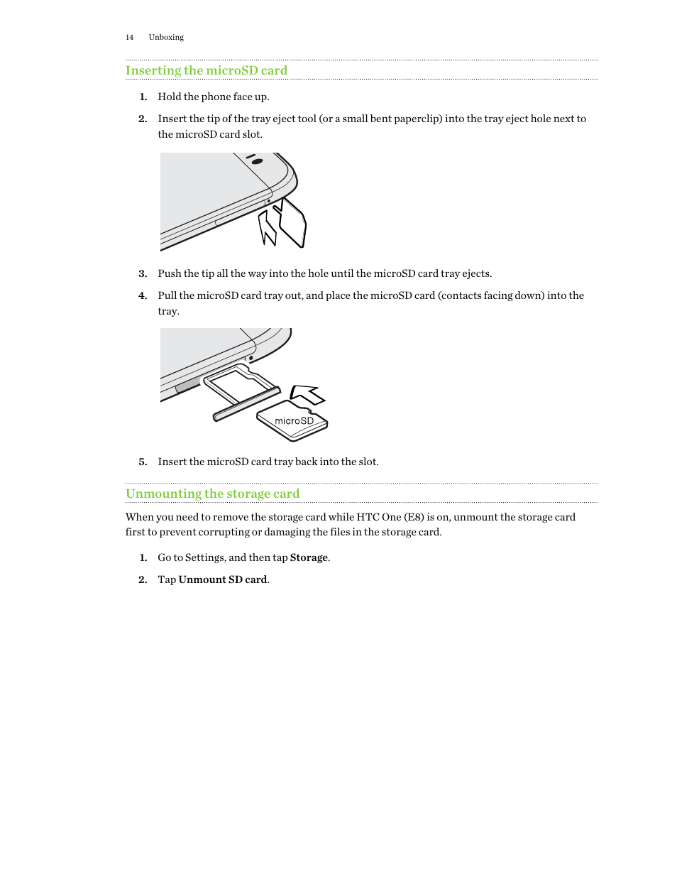 Inserting the microsd card, Unmounting the storage card | HTC One E8 User Manual | Page 14 / 188