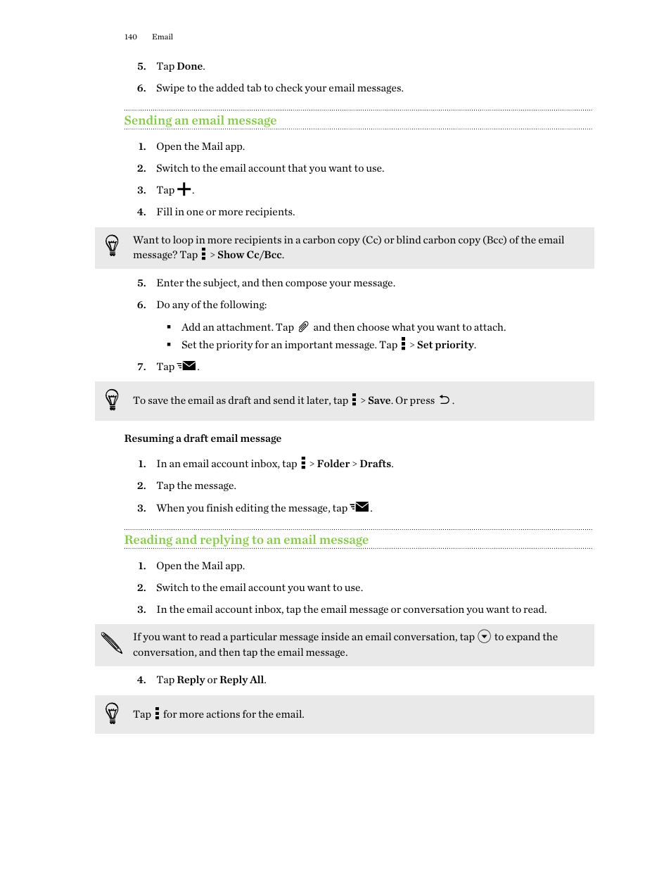 Sending an email message, Resuming a draft email message, Reading and replying to an email message | HTC One E8 User Manual | Page 140 / 188