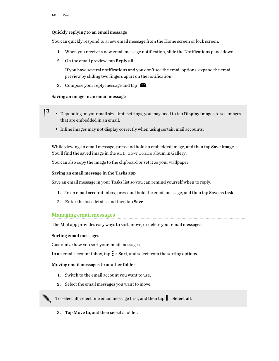 Quickly replying to an email message, Saving an image in an email message, Saving an email message in the tasks app | Managing email messages, Sorting email messages, Moving email messages to another folder | HTC One E8 User Manual | Page 141 / 188