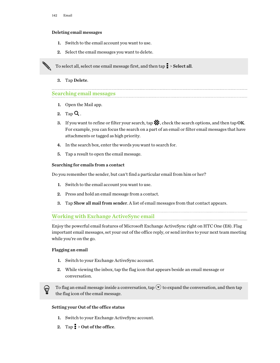 Deleting email messages, Searching email messages, Searching for emails from a contact | Working with exchange activesync email, Flagging an email, Setting your out of the office status | HTC One E8 User Manual | Page 142 / 188