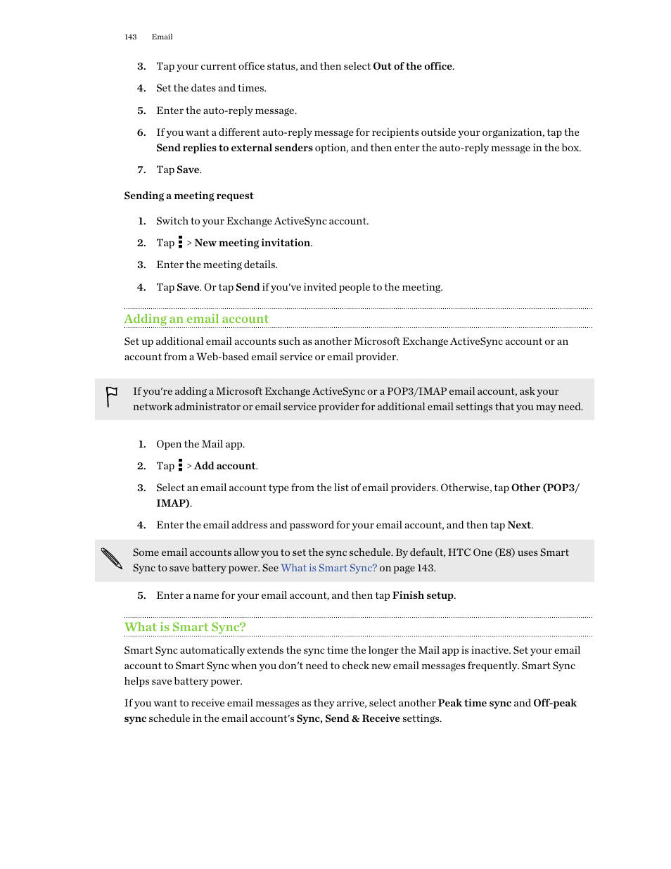 Sending a meeting request, Adding an email account, What is smart sync | HTC One E8 User Manual | Page 143 / 188