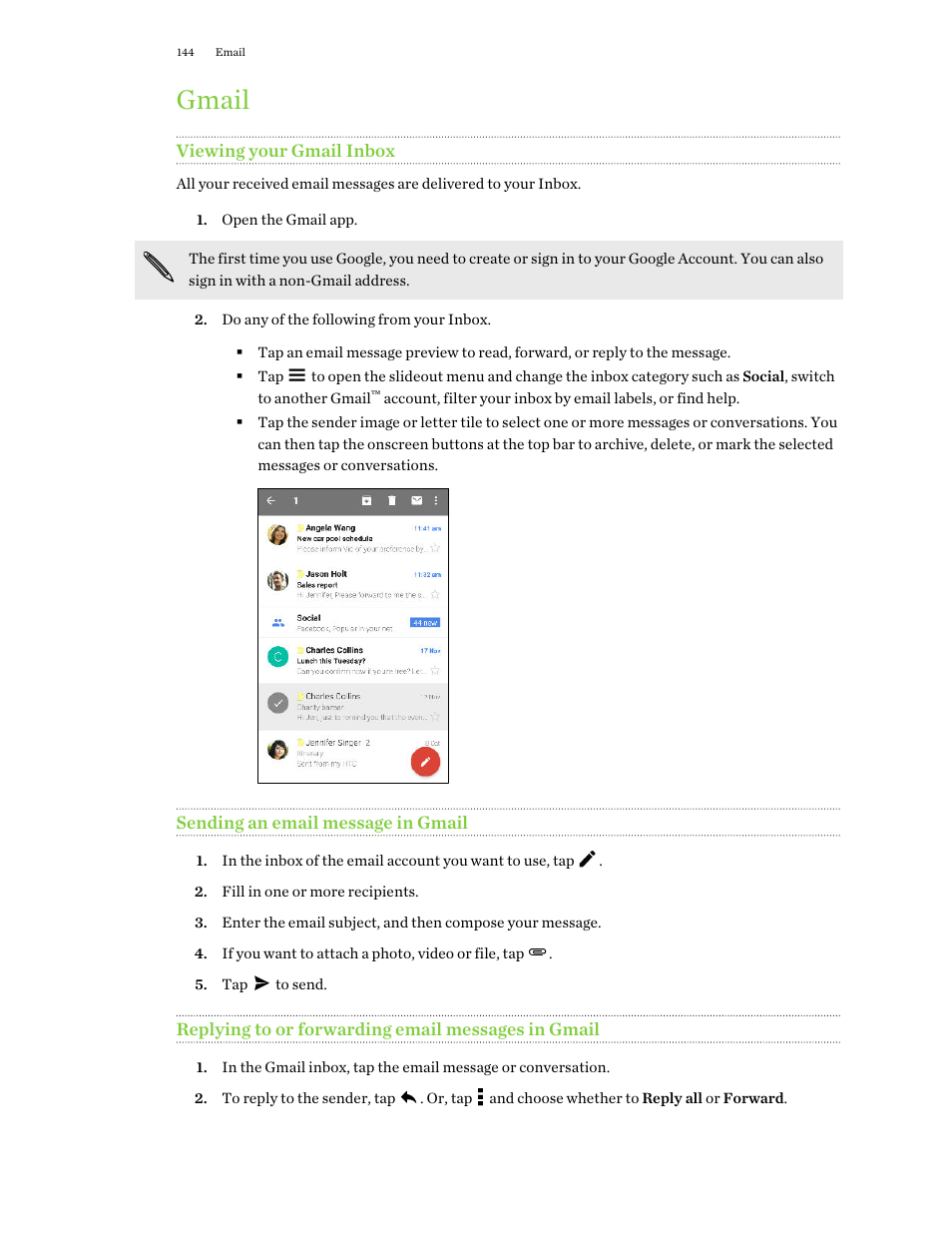 Gmail, Viewing your gmail inbox, Sending an email message in gmail | Replying to or forwarding email messages in gmail | HTC One E8 User Manual | Page 144 / 188