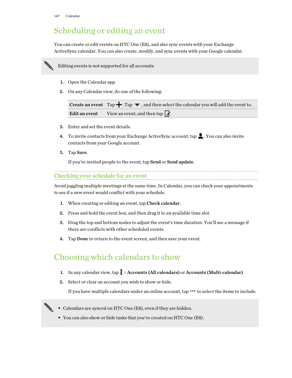 Scheduling or editing an event, Checking your schedule for an event, Choosing which calendars to show | HTC One E8 User Manual | Page 147 / 188